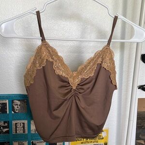 brown cropped tank top with lace